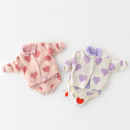 Baby Girls Knit Loving Heart Coat + Rompers Clothing Sets