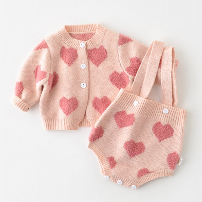 Baby Girls Knit Loving Heart Coat + Rompers Clothing Sets